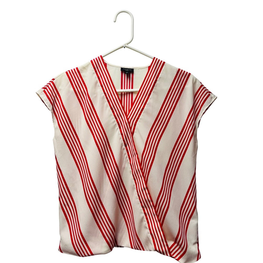 Talbots Petites P Red White Striped V-Neck Faux Wrap Blouse Boxy Beachy Boho